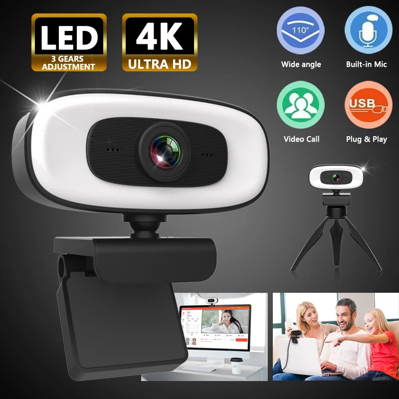 4K Webcam PC Laptops Portable 2K 1080P Live Streaming Flexible Full HD Web Camera For Computer With Microphone Light | Компьютеры и