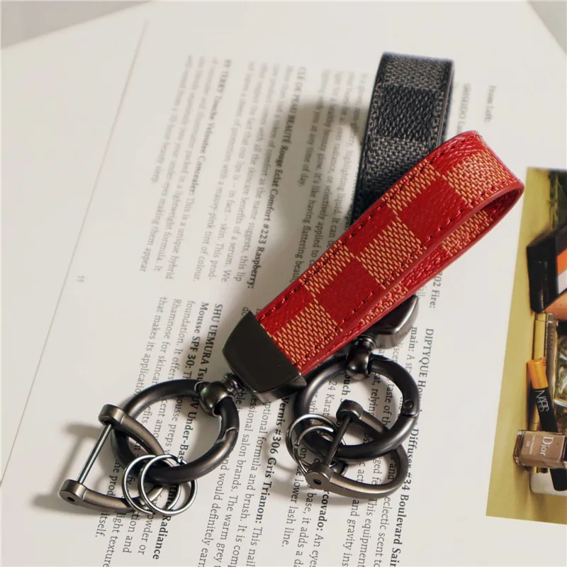 

Design Genuine Leather Lanyard Keychain Men Women Square Pattern Gunmetal Buckle Car Moto Key Ring Holder Jewelry Gift Chaveiro