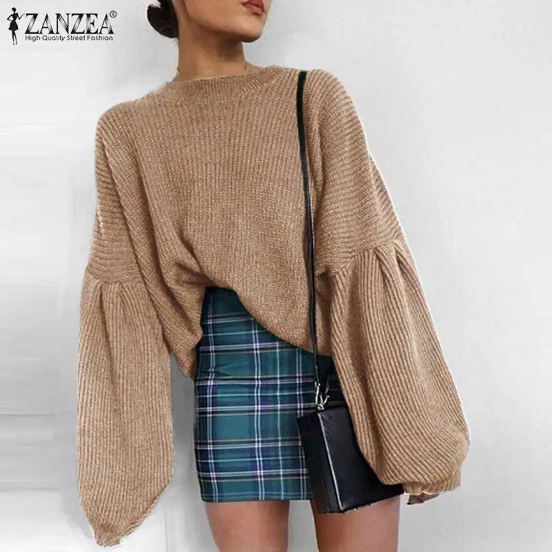 

Women Fashion Solid Knit Tops ZANZEA Casual Puff Sleeve Chemise 2021 Autumn Winter Oversized Blouse Lady Stylish O Neck T-Shirts