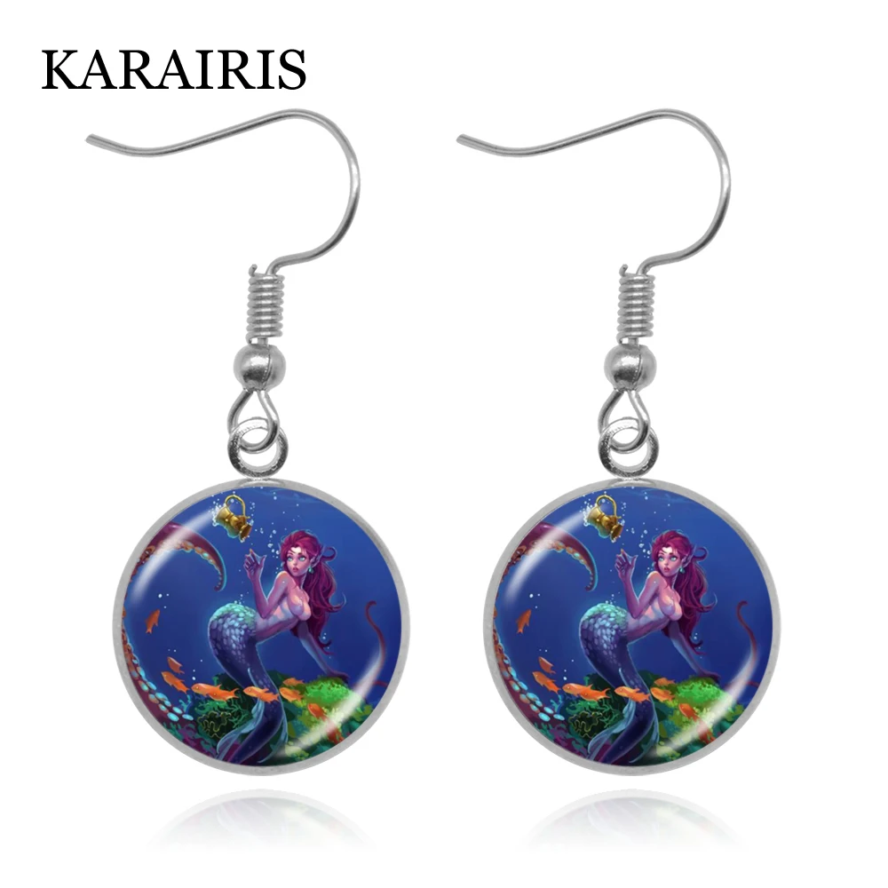 

KARAIRIS Little Mermaid Ariel Princess Earrings Sweet Lovely Mermaid Glass Dome Fish Hook Earrings Jewelry Gifts for Girls