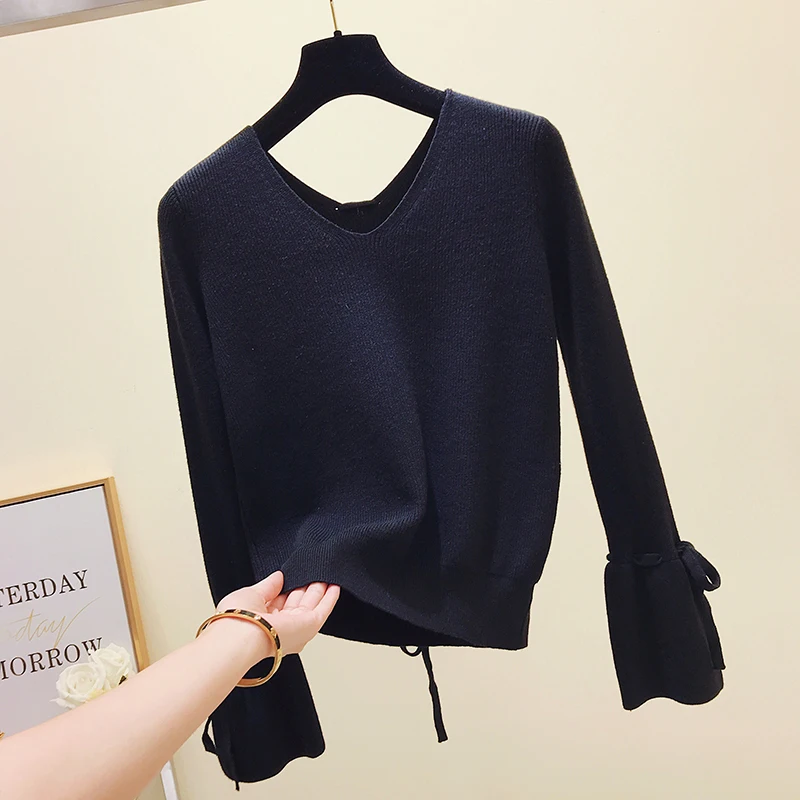 Женский вязаный свитер с v-образным вырезом пуловер на осень и зиму облегающие