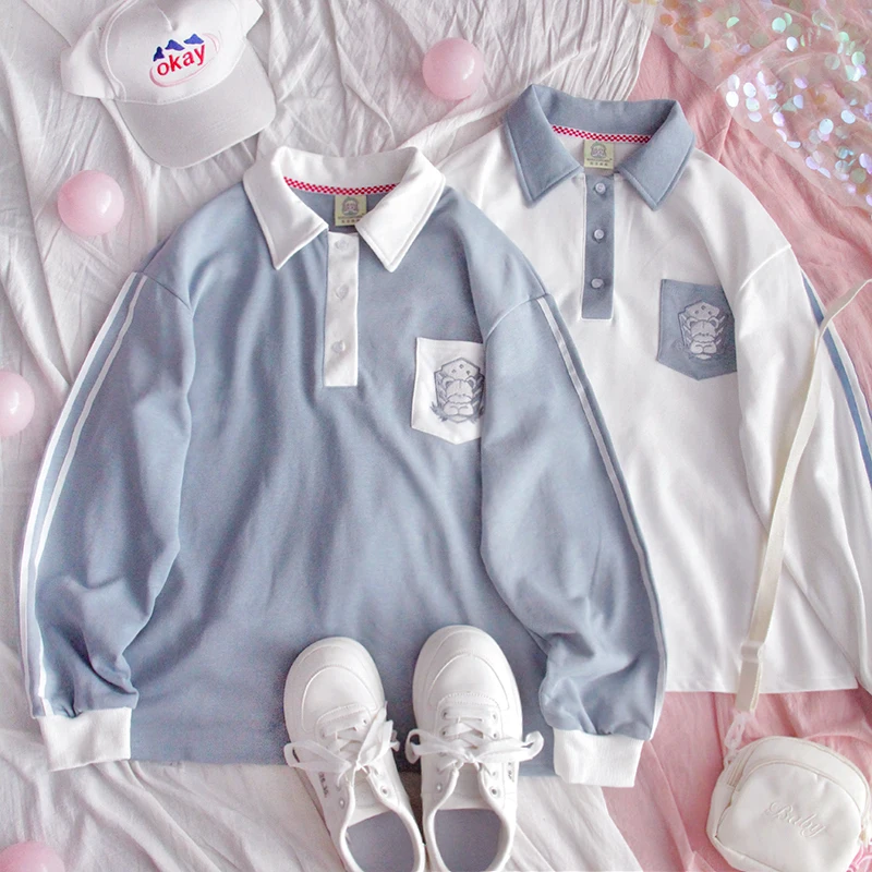 

Spring Autumn Hoodies Women Korean JK Harajuku Preppy Cute Soft Sister Pure Cotton Lapel Long Sleeve Pullover Girls Sweatshirt
