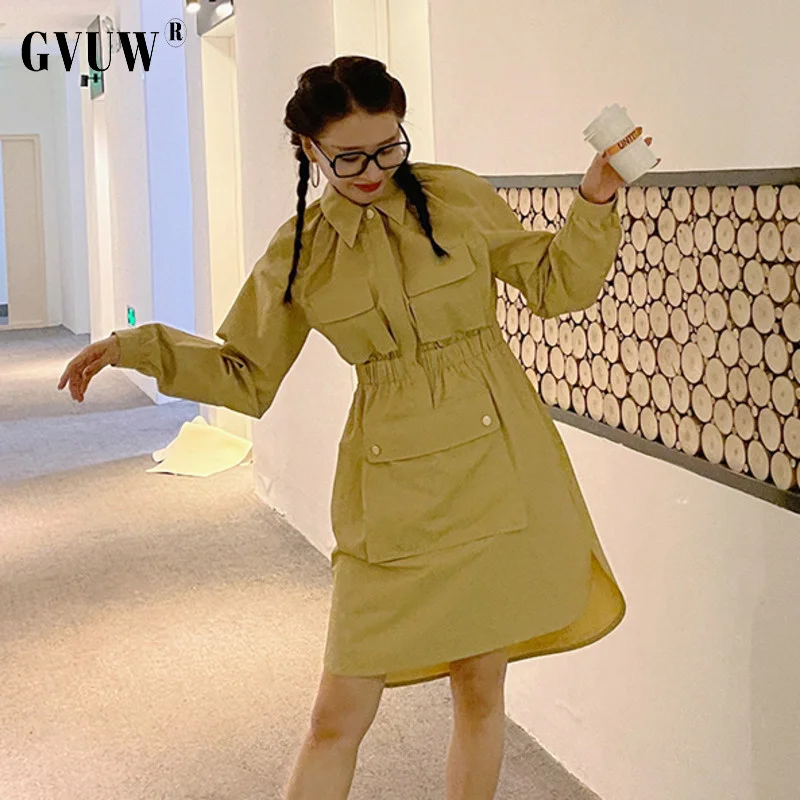 

Gvuw Khaki Big Split Dress Turn-down Collar Long Female 20d1009 Tmall cheap-clothes-free-delivery roupas feminina