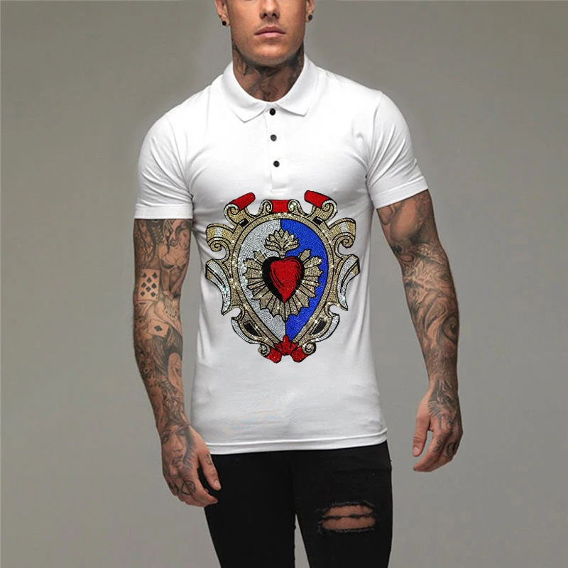 Spring And Summer Men's Polo Button Design T-Shirt Cotton Loose Hot Diamond Style Lapel Black White Short-Sleeved All-Match Top