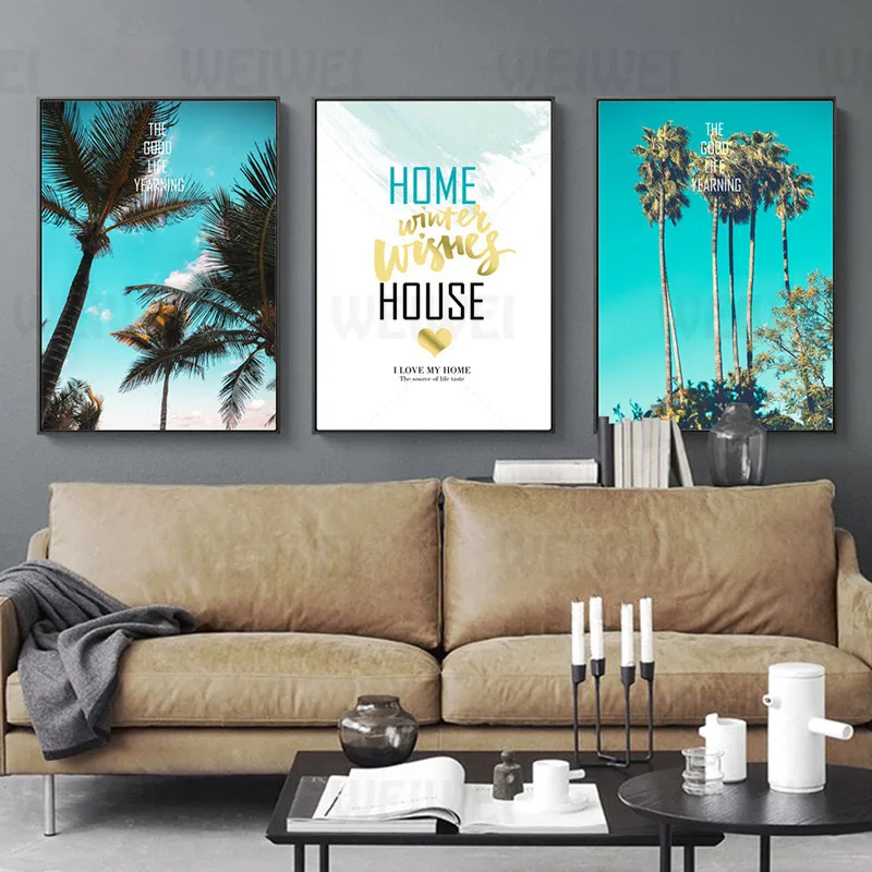 

Coconut Tree Home Decoration Painting Beautiful Blue Sky Living Room Wall Art Canvas Poster Text Modern Bedroom Prints Pictures