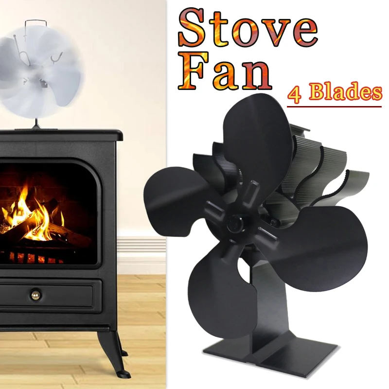 

Black Fireplace 4 Blades Heat Powered Stove Fan Wood Burner Eco Friendly Quiet Home Fireplace Fan Efficient Heat Distribution