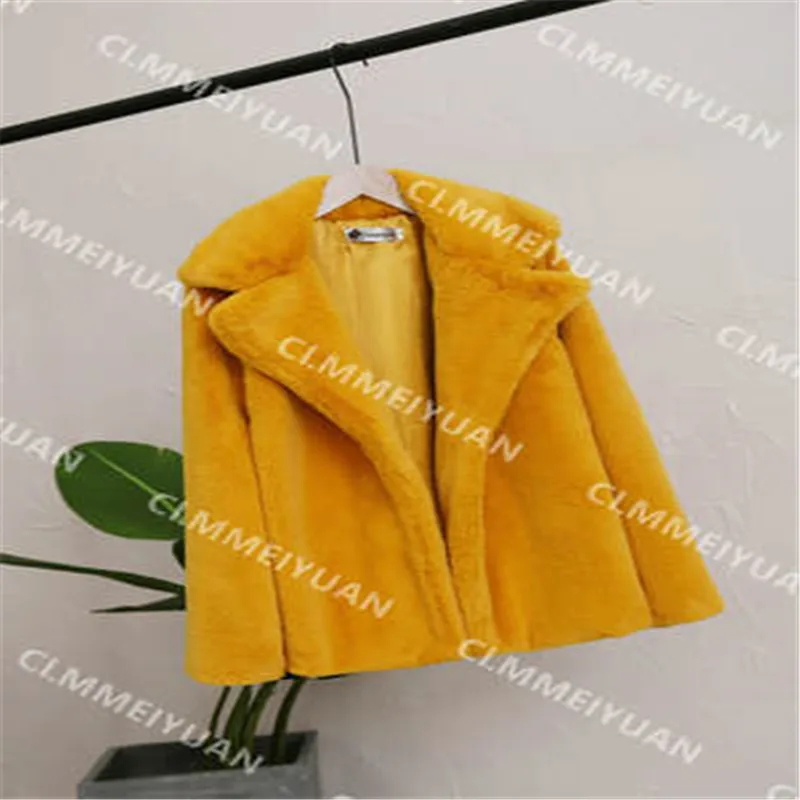 yellow Осенне-зимняя одежда, толстое плюшевое пальто с мехом, большие размеры, Женское пальто с искусственным мехом, одноцветная свободная Меховая куртка из меха кролика рекс - Цвет: yellow