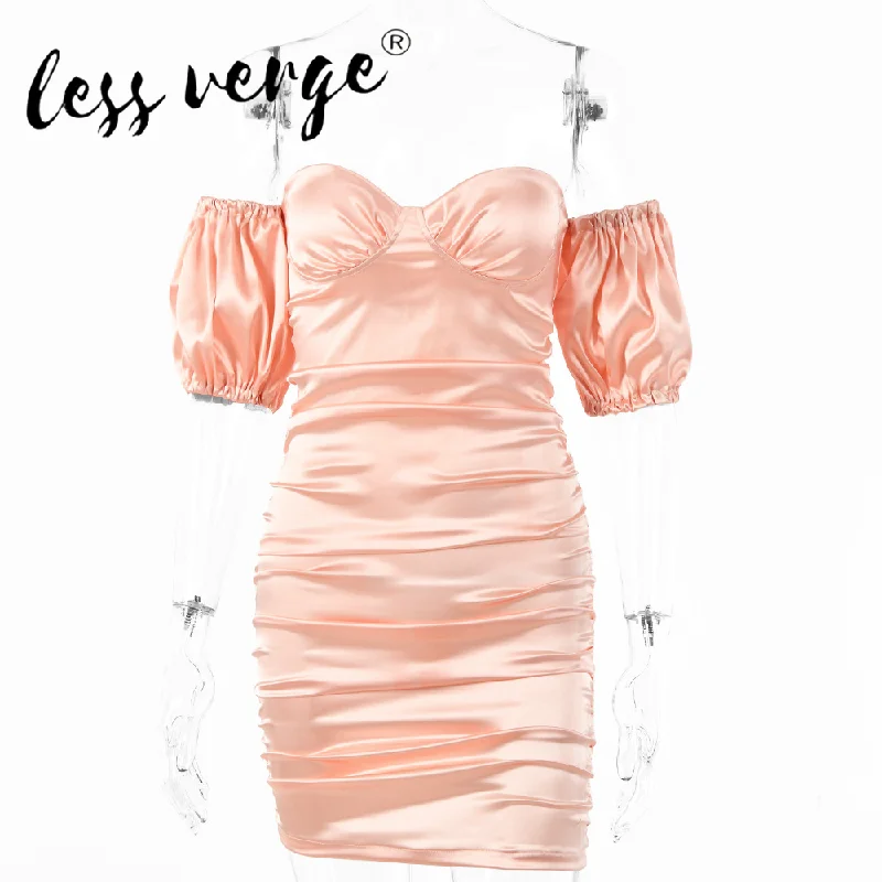 

Lessverge Spring and Autumn Women's Sexy Backless Folds High Elastic Satin Short-sleeved Hip Skirt European and American New Sty