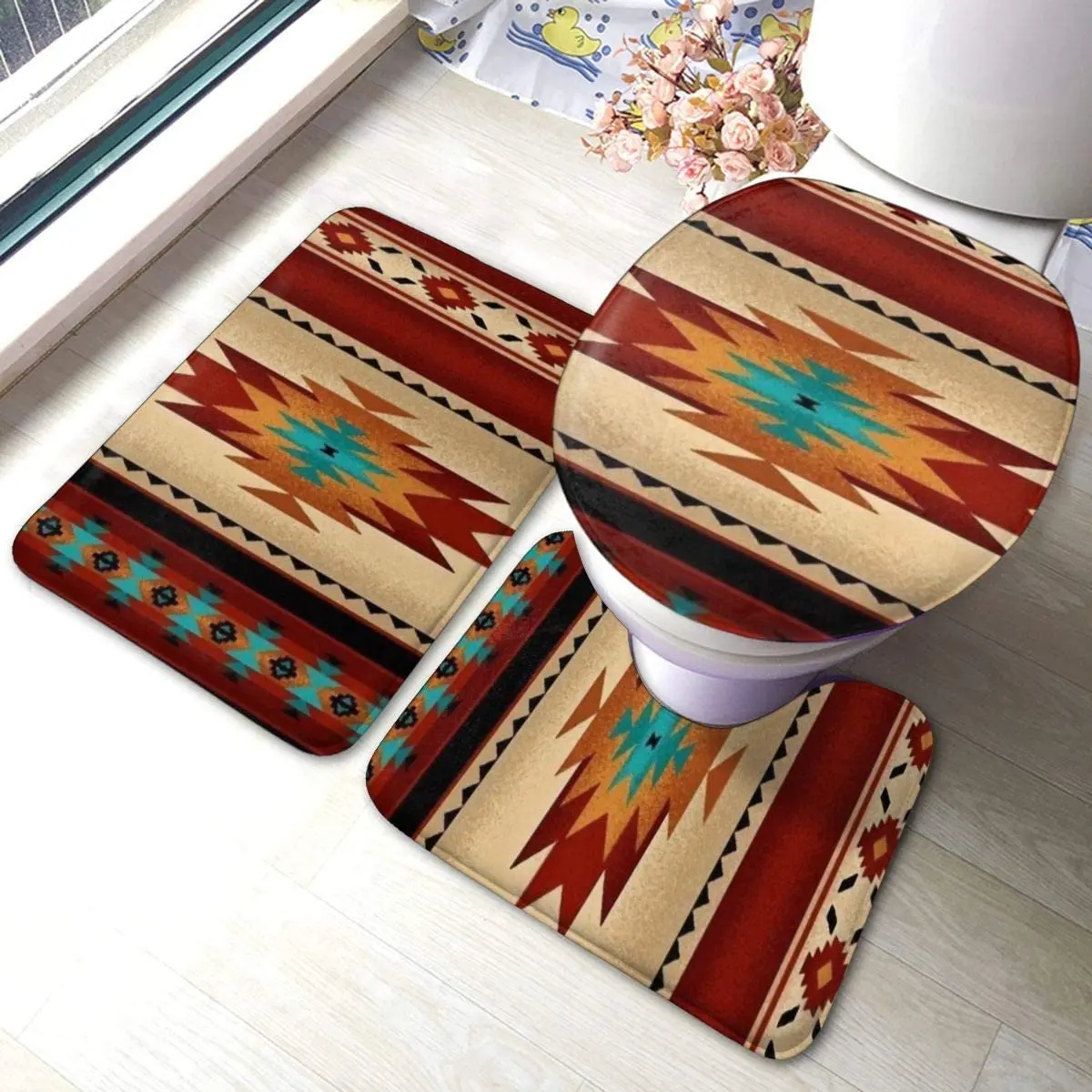 

Native Tribal Indian Geometric Brown Western Southwest Old Comfortable Flannel Bathroom Carpet Mat Set 3 Pieces