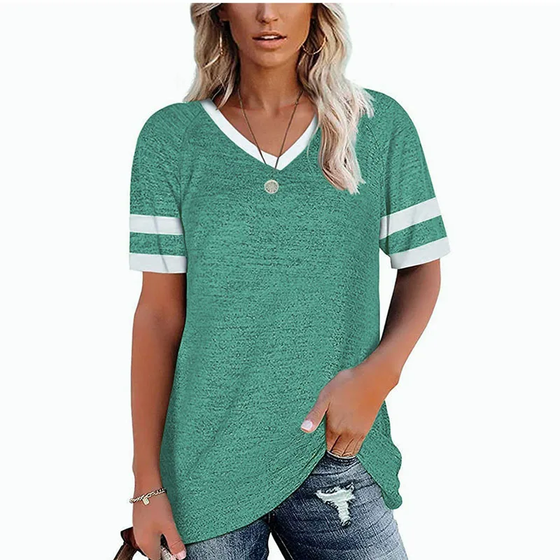 

Summer 2021 New Women's V-Neck T-Shirt Fashion Striped Stitching Short-Sleeved Comfortable Plus Size Top