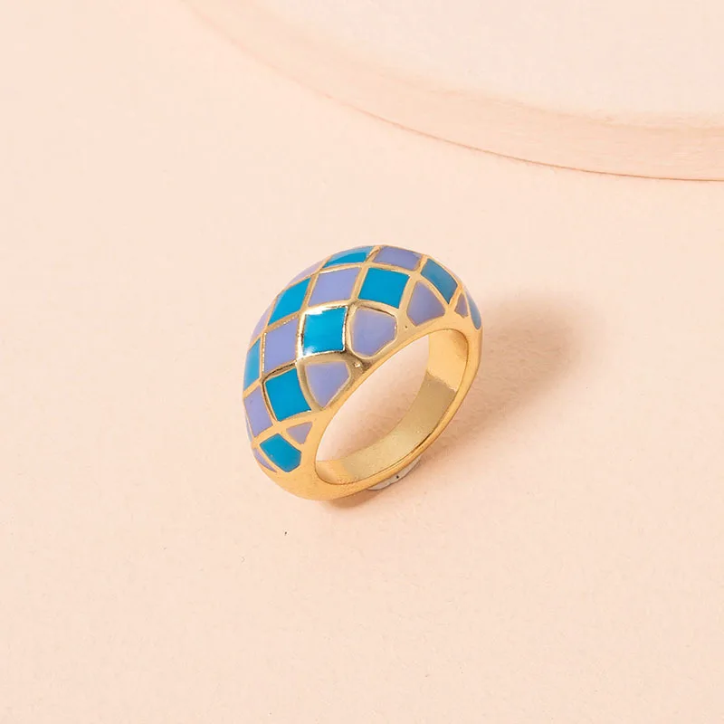 

2021 New Summer Punk Colorful Trendy Geometric Checkered Dripping Oil Ring for Women Men Delicate Rhombus Enamel Unisex Jewelry