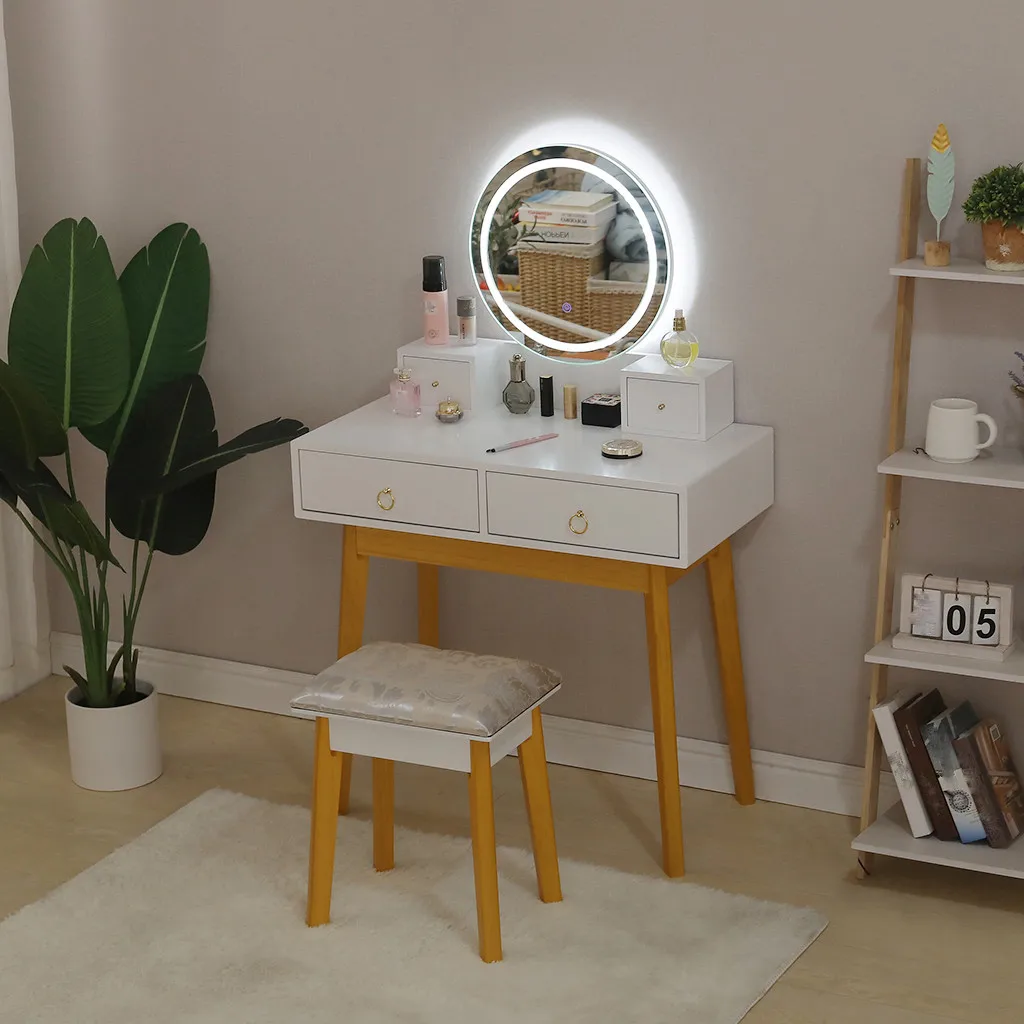 

Vanity desk With storage drawers makeup table with LED Light mirror Dressing Table with chair for bedroom white simple style