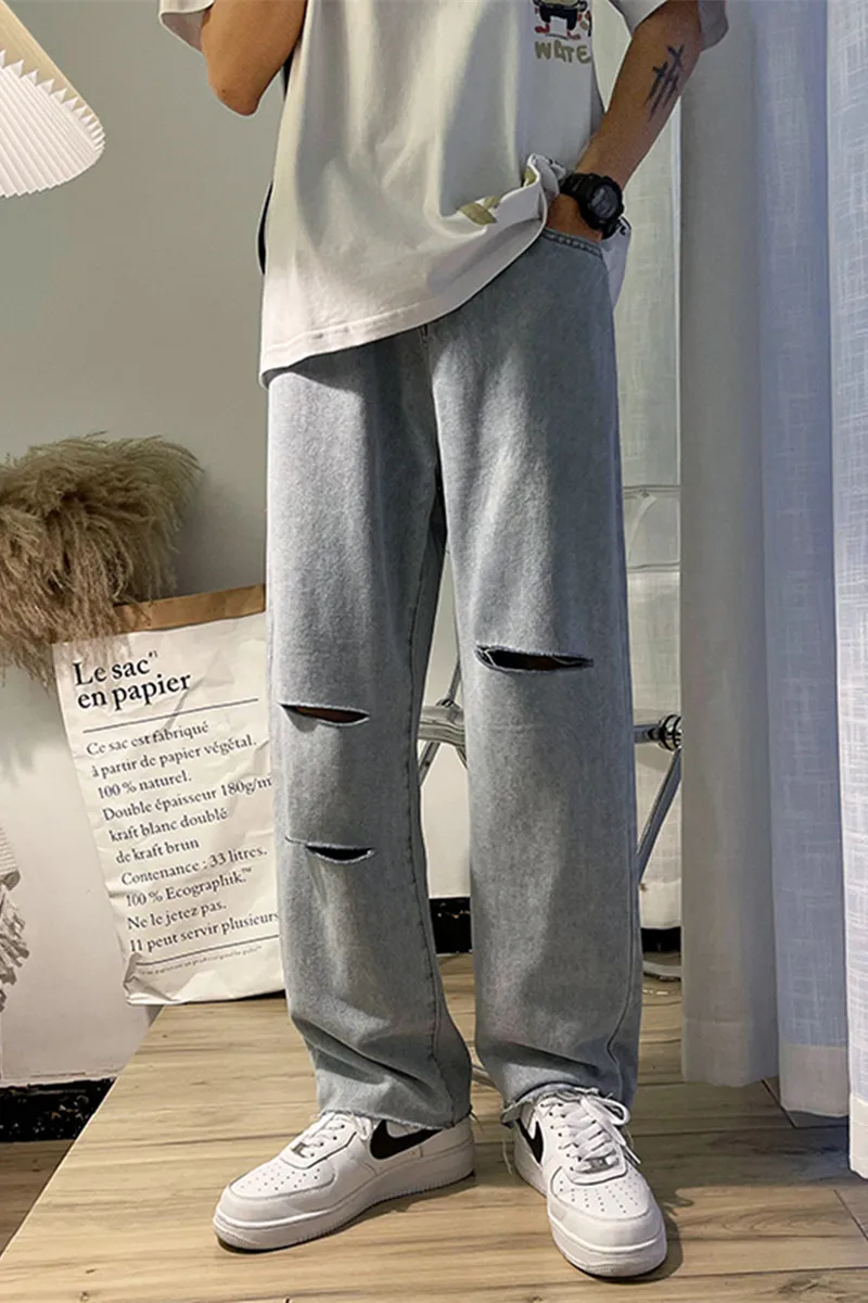

Summer new jeans with holes men's Korean fashion high street ruffian handsome loose large size straight tube wide leg streetwear