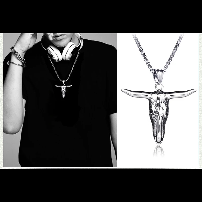 Африканское племя стиль череп голова бык кулон ожерелье для мальчика готическое