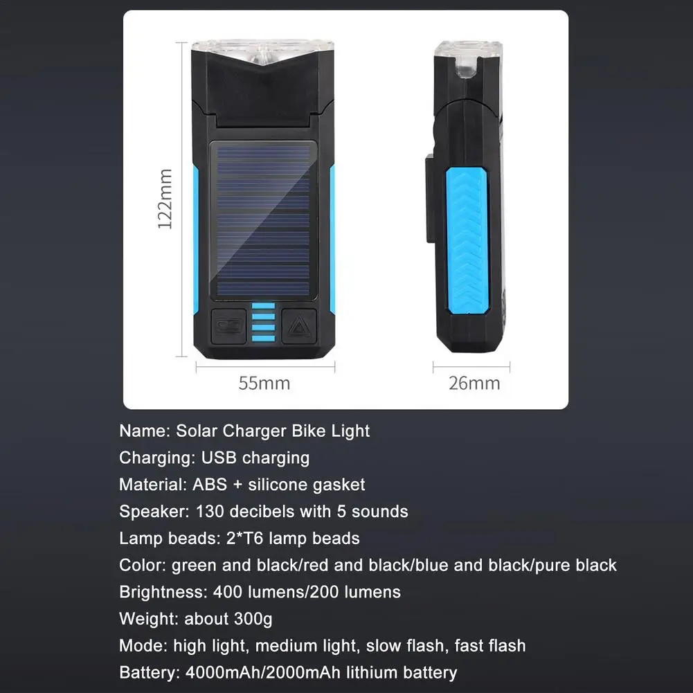 

Waterproof LED Bicycle Light , 2-4000mah Solar Rechargeable MTB Mountain Road Bike Front Lamp Flashlight With Bicycle Bell 130db