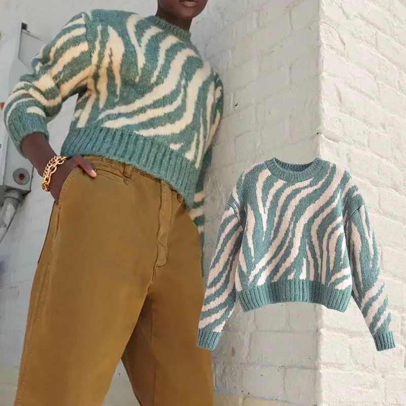 

Женский жаккардовый свитер Za, модный жаккардовый свитер с животным принтом, осеннее пальто с длинным рукавом, Y2K, зимний женский пуловер, топ...