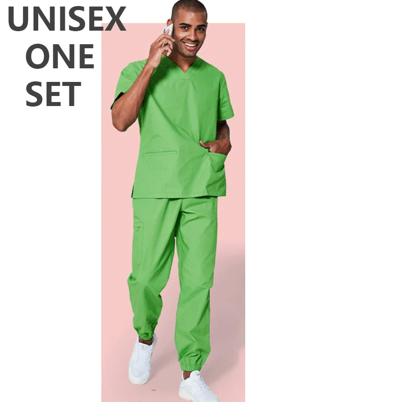 One Set GREEN Женский мужской костюм для скраба медицинский Спа-Униформа больница или рабочая одежда поплин удобный доктор-дантист рабочие костюмы топ и брюки - Цвет: One Set GREEN