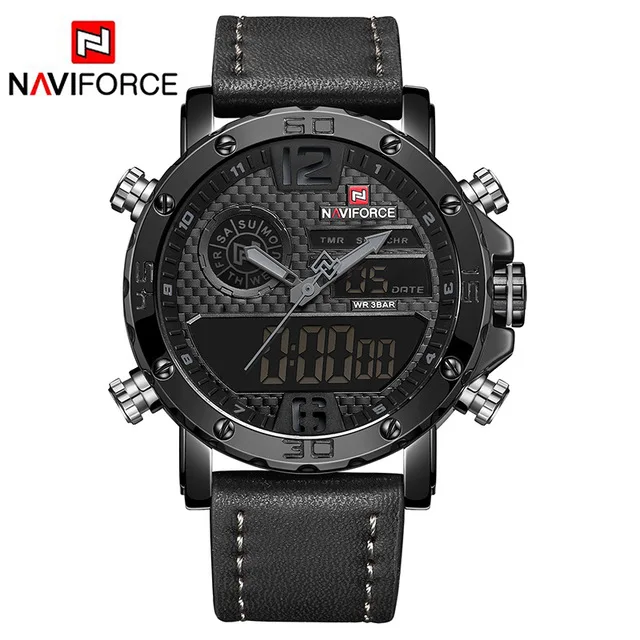 black gray NAVIFORCE мужские часы от роскошного бренда мужские кожаные спортивные часы мужские кварцевые светодиодный цифровые часы водонепроницаемые военные наручные часы - Цвет: black gray