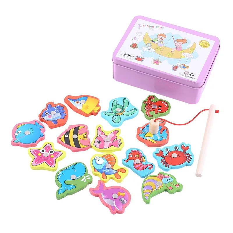 

Wooden Magnetic Fshing Game Cartoon Marine Life Cognition Fish Rod Toys for Children Early Educational Parent-child Interactive
