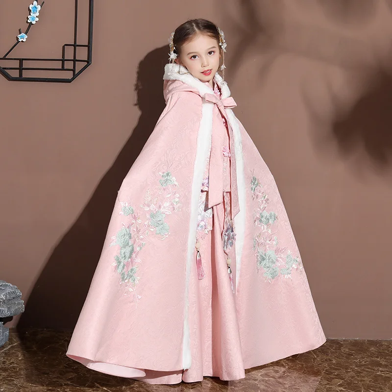 

Накидка Hanfu для девочки зимняя Длинная накидка с вышивкой китайские дети в древнем стиле детская Новогодняя одежда сохраняет тепло Рождест...