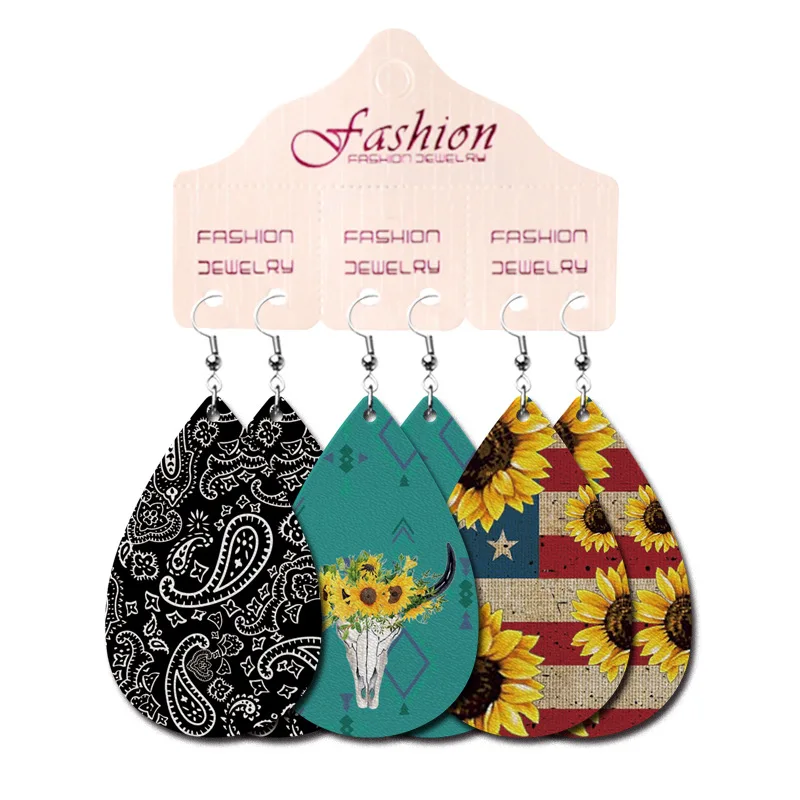 

3Pairs/Set Latest Sunflower Cow Cactus Print PU Leather Teardrop Cow Tag Pumpkin Dangle Drop Earrings for Women Jewelry Set