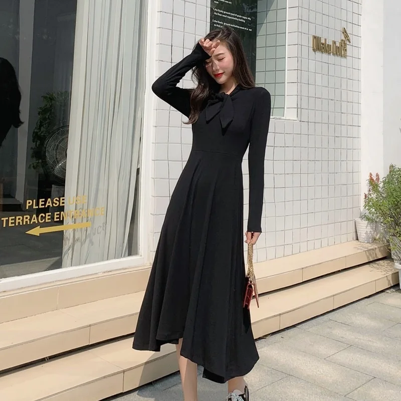 Женское трикотажное платье с длинным рукавом черное винтажное Элегантное повседневное макси в Корейском