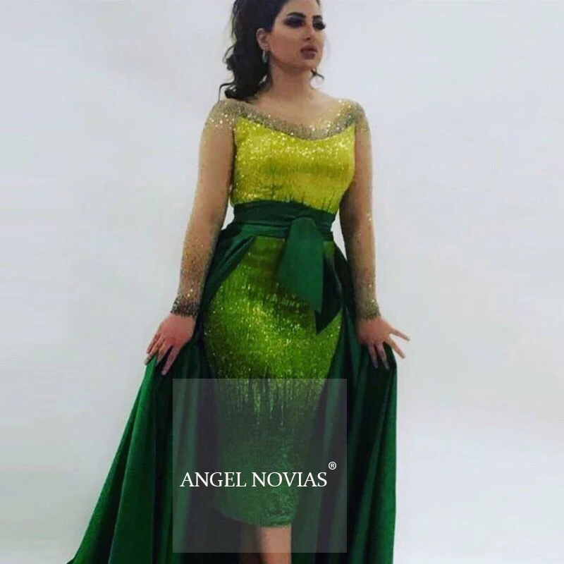 

ANGEL NOVIAS Long Sleeves Green Luxury Beading Evening Dress 2020 Arabic Dubai Formal Evening Gowns with Detachable Skirt