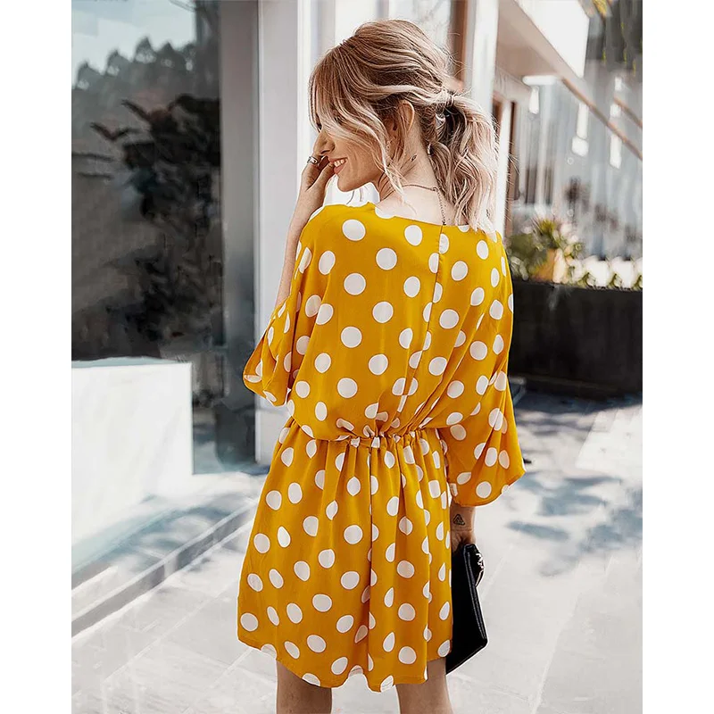 

Summer Womens Big Polka Dot Dress Button Lace-up V-neck Sexy Dresses Elegant Casual All-match Vestidos WL155
