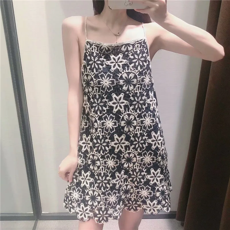 

Za 2021 Crochet Knit Mini Dress Women Sleeveless Straps Retro Party Dresses Woman Sexy Backless Hollow Out Irregular Black Dress
