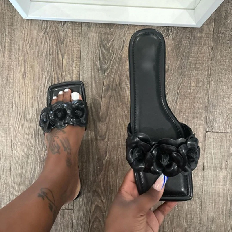 

2021 Summer Solid Color Flower Sandals Open Toe Outdoor Casual Women's Shoes Beach Slippers Plus Size