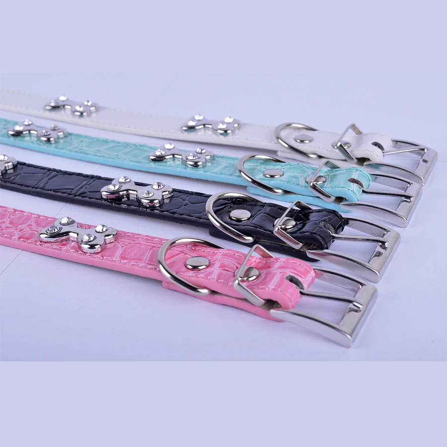 Ошейник из крокодиловой кожи стразы аксессуары в форме кости розовый черный