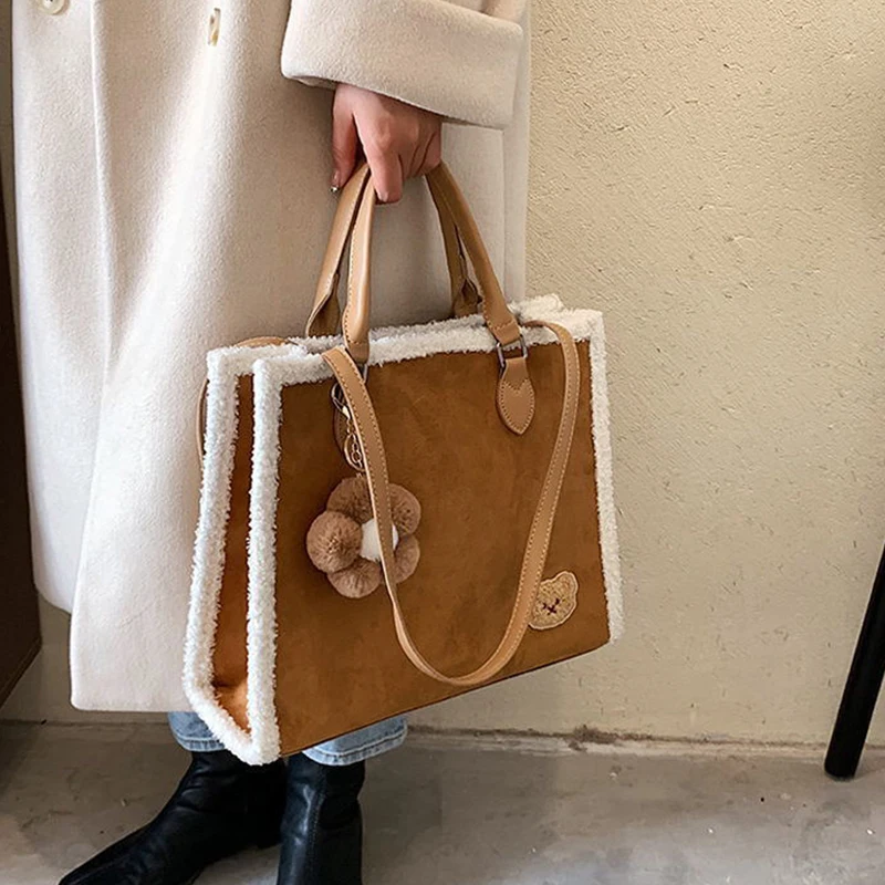 Fashion Faux Suede Lambswool Splice Totes Bags for Women Big Capacity Lamb Wool woman handbag Soft Plush Edge Shoulder Bag |