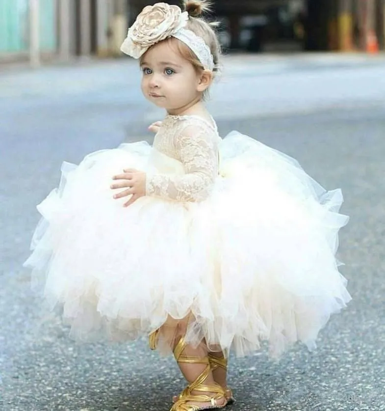 

Vintage Flower Girls' Dresses Ivory Baby Infant Toddler Baptism Clothes With Long Sleeves Lace Tutu Ball Gowns Birthday Par