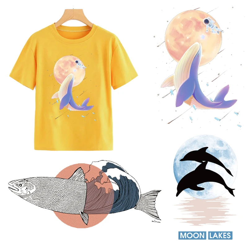 

Whale Iron On Transfer For Clothing Moon Thermal Stickers Cartoon Heat Vinyl Transfer For Clothes Diy Applique Washable T Shirt