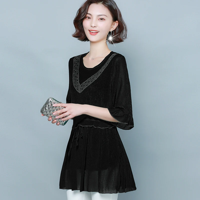 Большие размеры шифоновая блузка с рукавом до локтя Женская Весенняя высокой