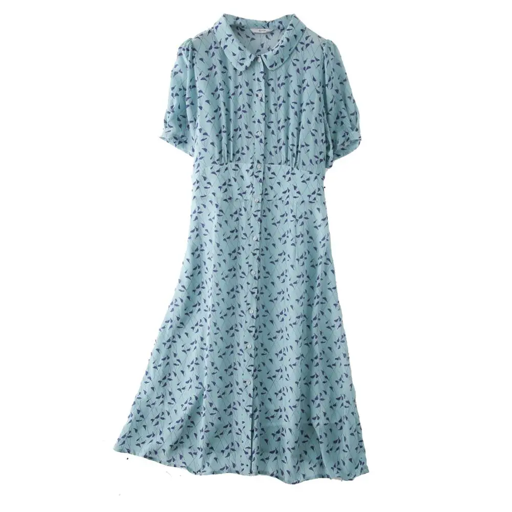 

SuyaDream Woman Print Shirt Dress 100%Silk High Waist Doll Collar Puff Sleeves Silk Dress Women 2020 Summer Midi Dresses