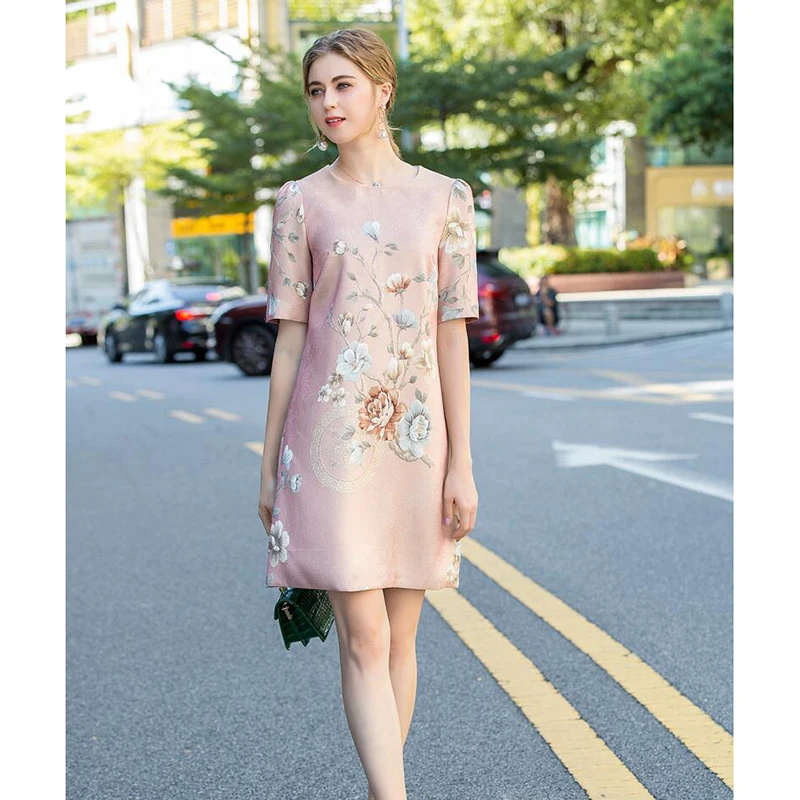

Women Dress 2020 High Quality Runway O-Neck Short Sleeves Print Elegant Dresses Vestidos NP1204N