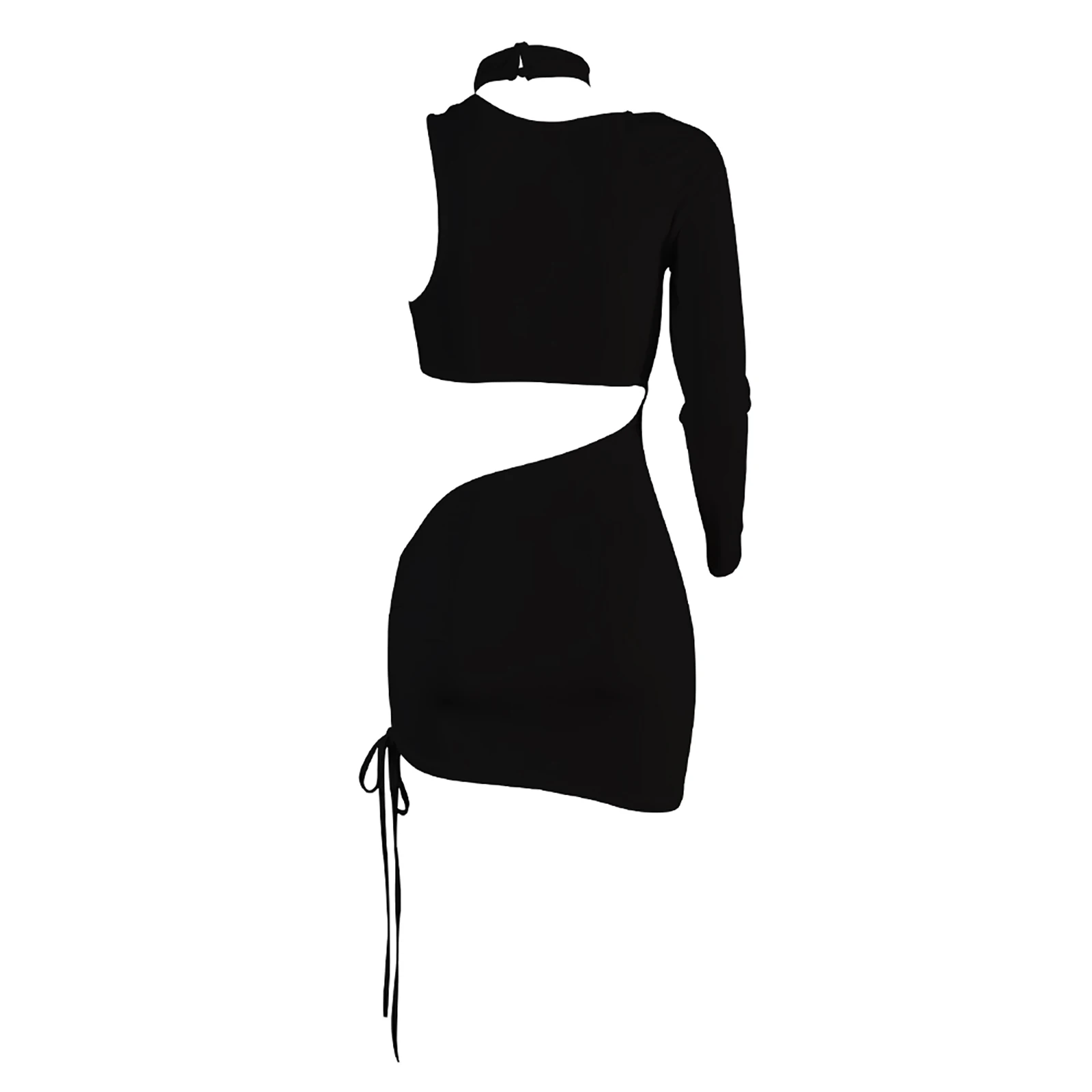 

Womens Casual Single Sleeve Dress Fashion Solid Color Hollow Drawstring Skinny Short Dress