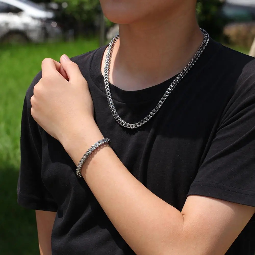 New Arrival 6mm width Men Necklace Gold Color Stainless Steel Cuban Link Chain Miami Bracelet Jewelry Set | Украшения и