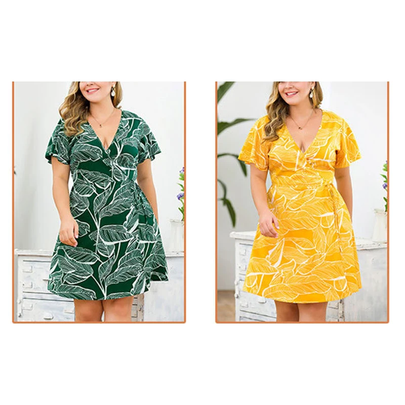 Желтое платье с v образным вырезом и коротким рукавом принтом модная летняя