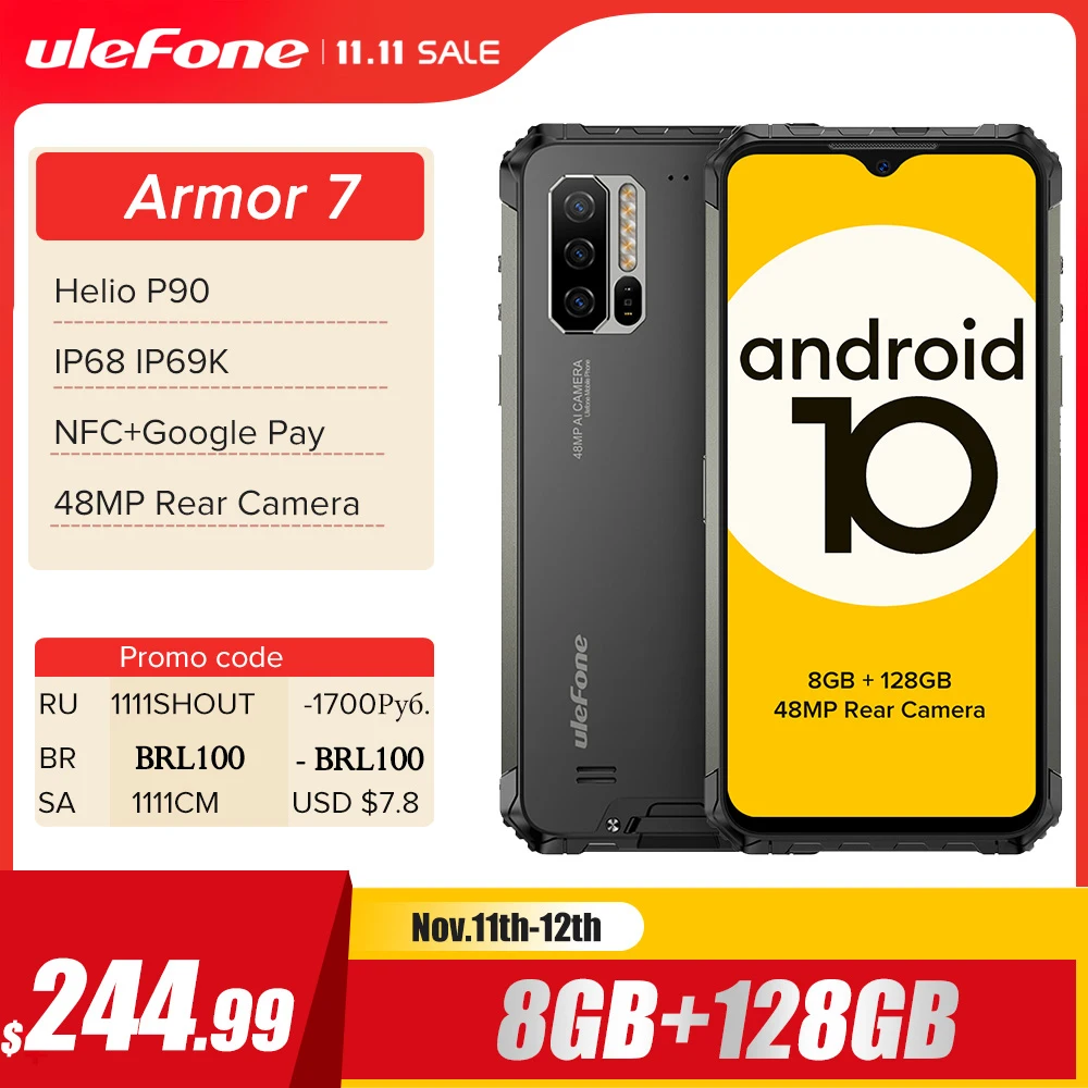 

Смартфон Ulefone Armor 7 повышенной яркости, Android 10, 2,4G/телефон, Wi-Fi, 8 ГБ + 128 ГБ, Helio P90, IP68, камера 48 МП, 4G LTE, смартфон