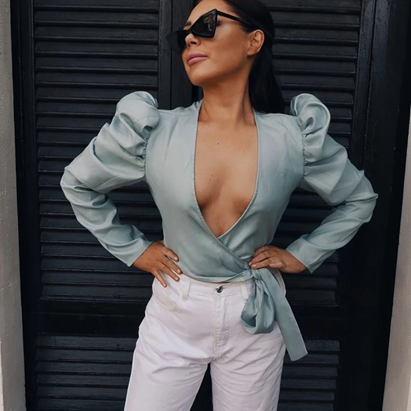 

Babatique 2019 new summer tops pink sky blue black white purple v neck satin crop tops women puff sleeve vintage top wholesale