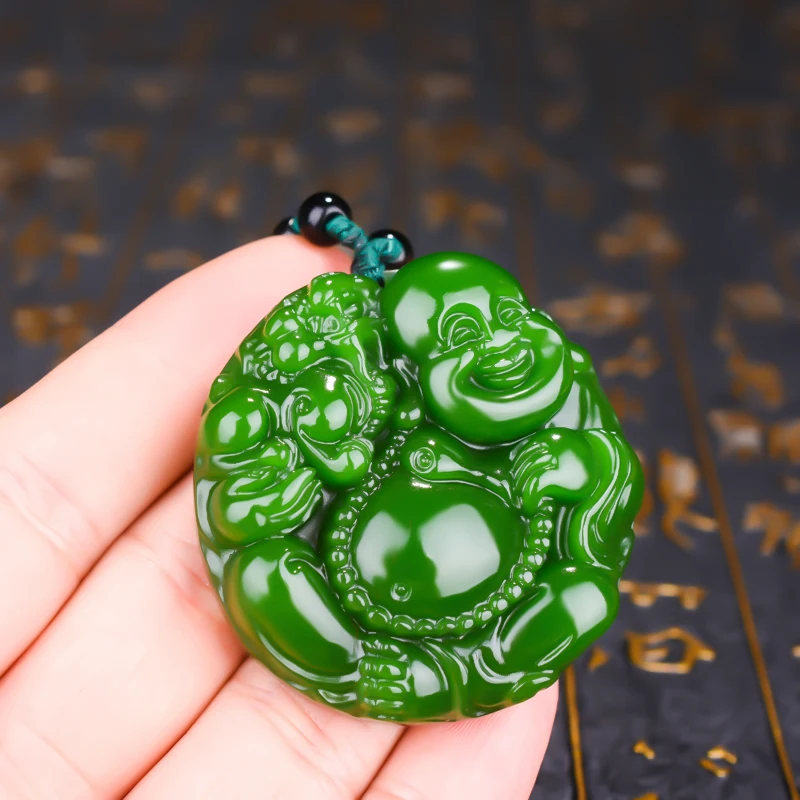 Chinese Natural Green Jade Maitreya Buddha Pendant Necklace Hand-carved Charm Jadeite Jewelry Fashion Amulet Gifts for Men Women | Украшения