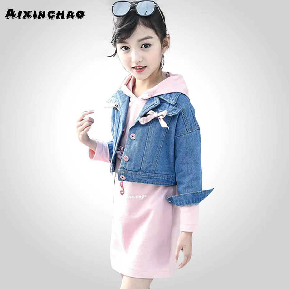 Детская одежда джинсовая куртка + платье для девочек толстовки с капюшоном