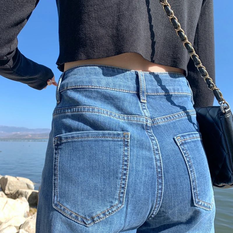 

TongSiHai Jeans Women Ladies Blue High Waist Straight Denim Pants Girls Students Loose Split Fork Pantalones Vaqueros Mujer