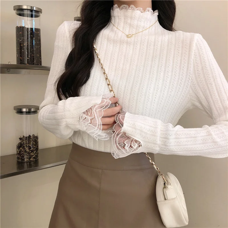 

White Half Turtleneck Sweater Lace Stitching Long Sleeve Internet Celebrity 2021 Sweater Internet Celebrity New Kio