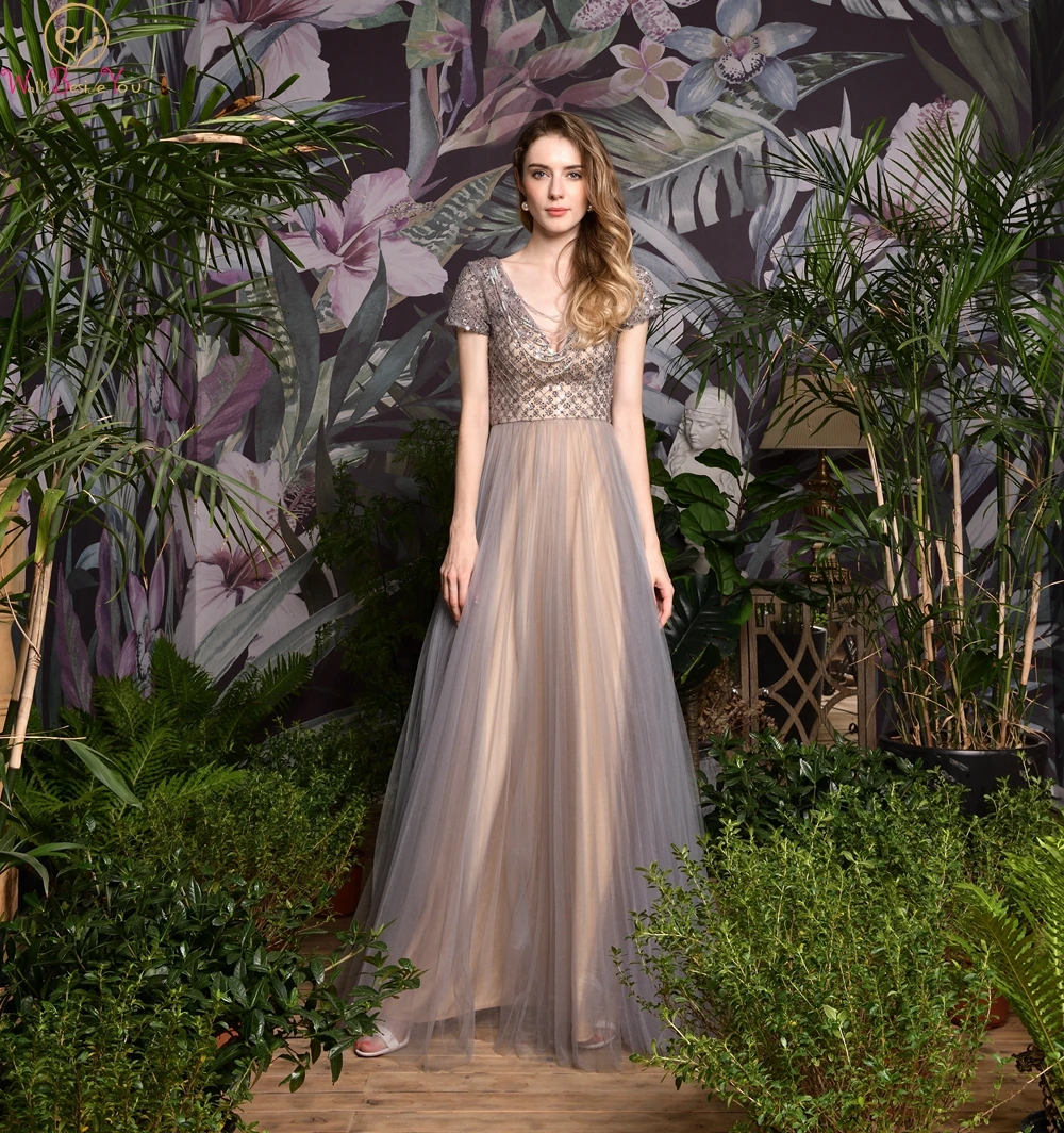 

Champagne Gray Prom Dresses 2019 New Women V Neck Short Sleeve Tassel Beading Sequins robe de soiree Formal Party Evening Gowns