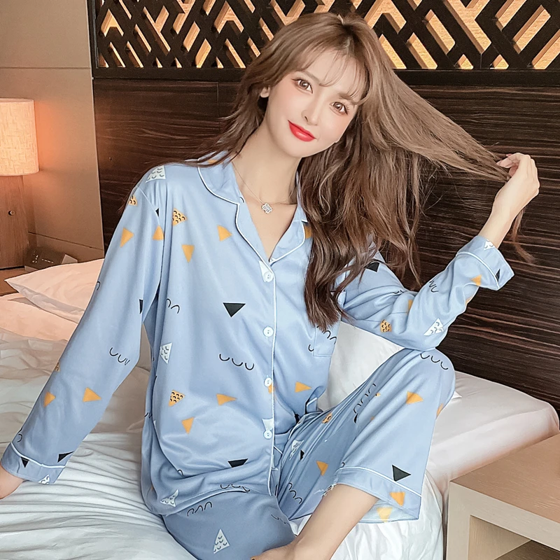 

2021 Spring Long Sleeved Women Pajamas Set Fashion Lovely Print Homewear Leisure Clothes Women Long Pant Pyjamas Sets Nightwear
