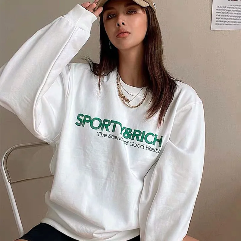 

2021NEW American Vintage Sporty&Rich Letters Print White Cool Women Pullover Round Neck Cotton Loose Sprot Lover Sweatshirt