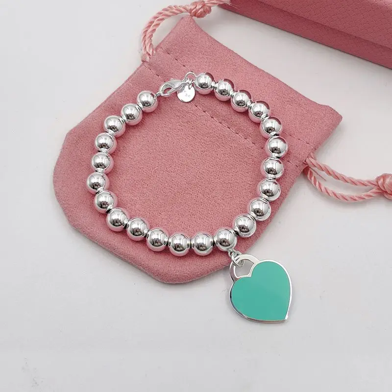 

8mm Bead Bracelet Ladies Light Luxury Party Jewelry Classic Enamel Heart Pendant 925 Sterling Silver for Women Couple Gift Style